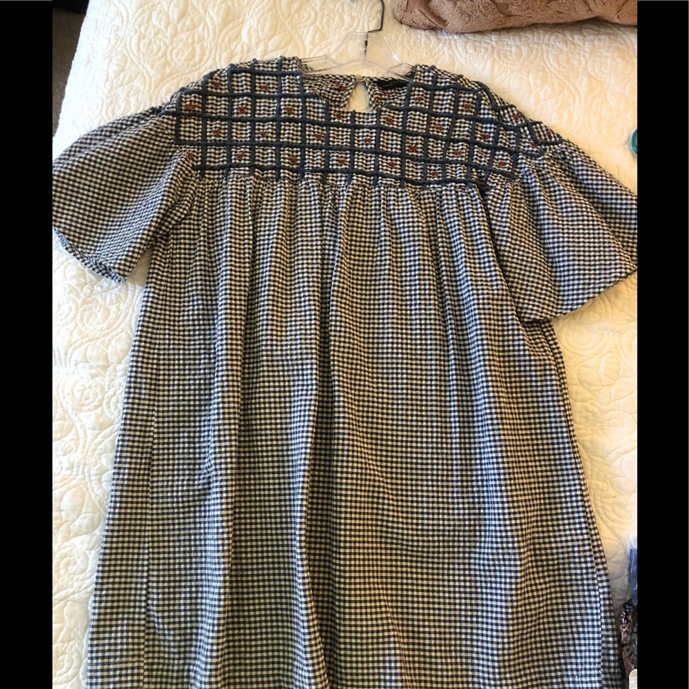 Zara Gingham Embroidered A-Line Tunic Dress